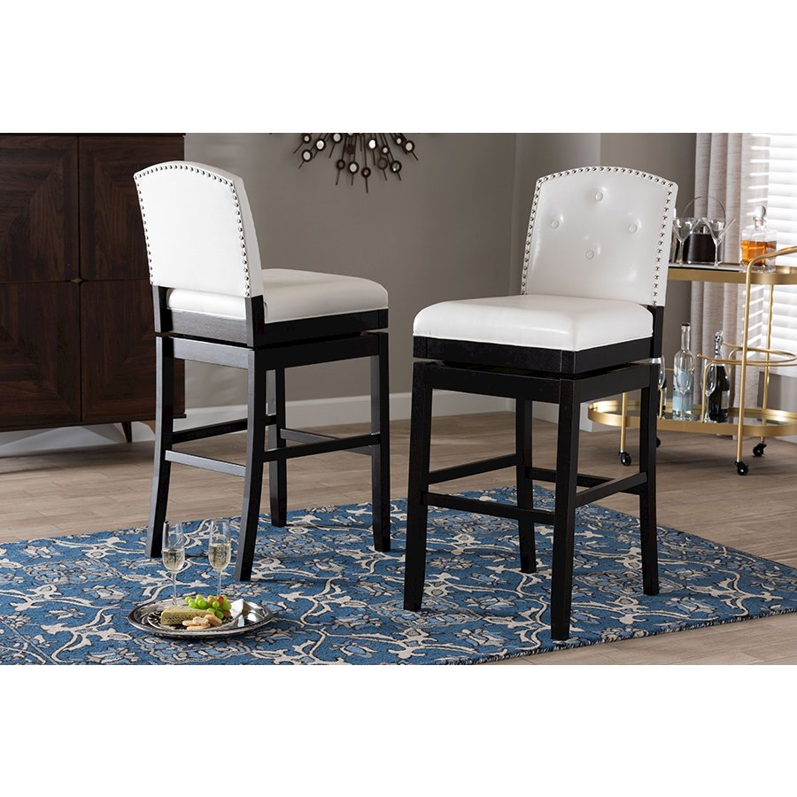 White Faux Leather Button-tufted Upholstered Swivel Bar Stool (Set of 2). Picture 7