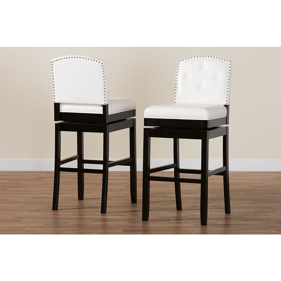 White Faux Leather Button-tufted Upholstered Swivel Bar Stool (Set of 2). Picture 8