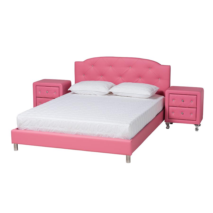 Glam Pink Faux Leather Upholstered Full Size 3-Piece Bedroom Set. Picture 1