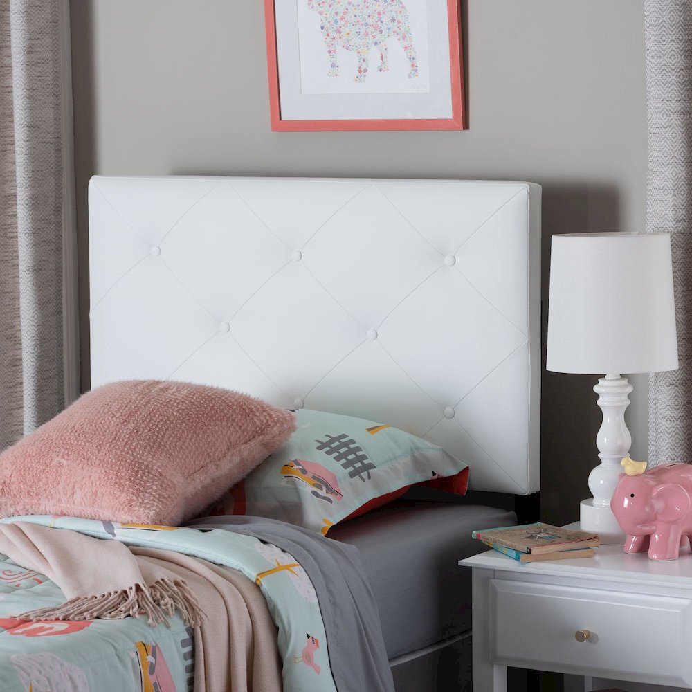 White Faux Leather Upholstered Twin Size Headboard. Picture 2