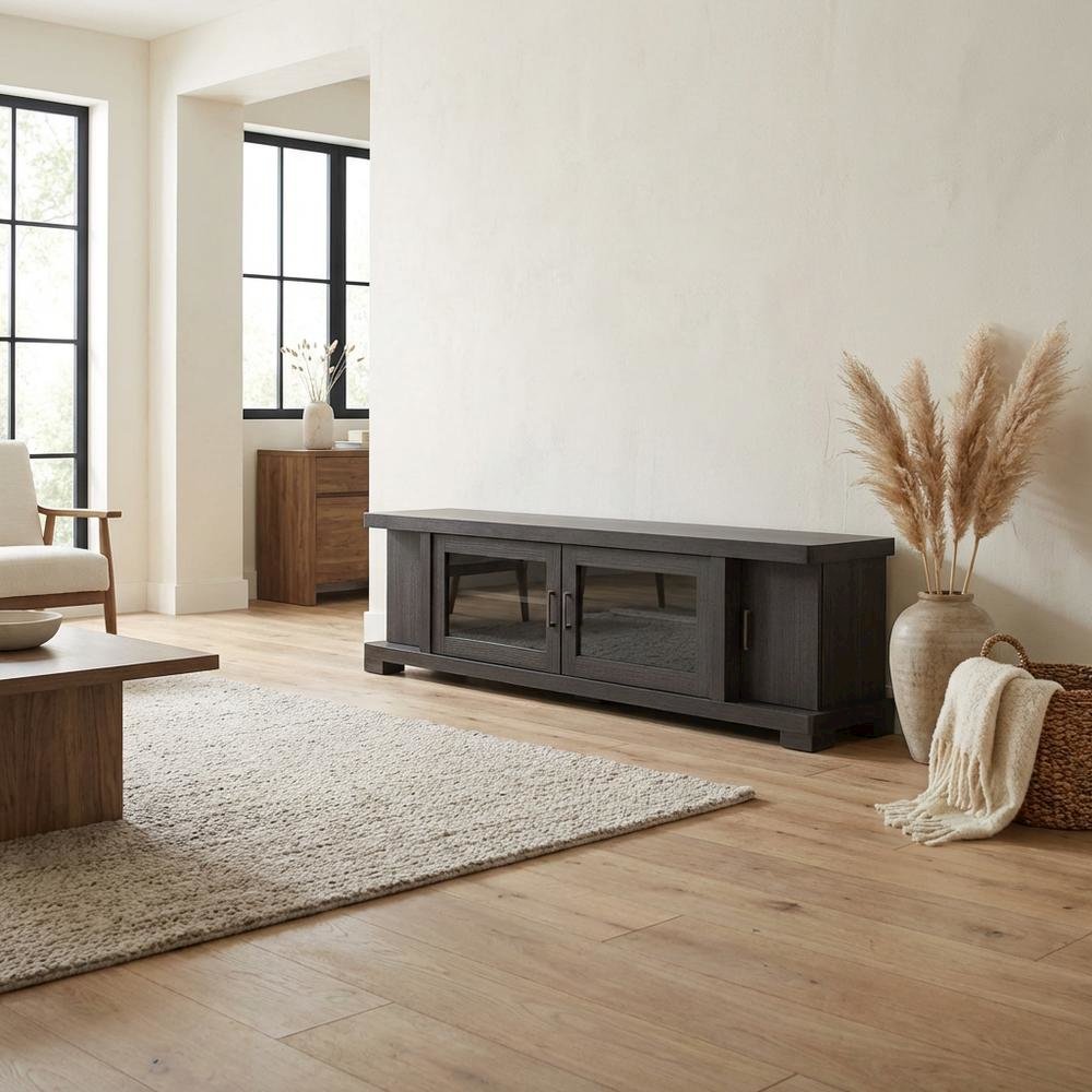 Contemporary Brown Wood TV Stand with Glass Doors and Elegant Finish. Picture 3