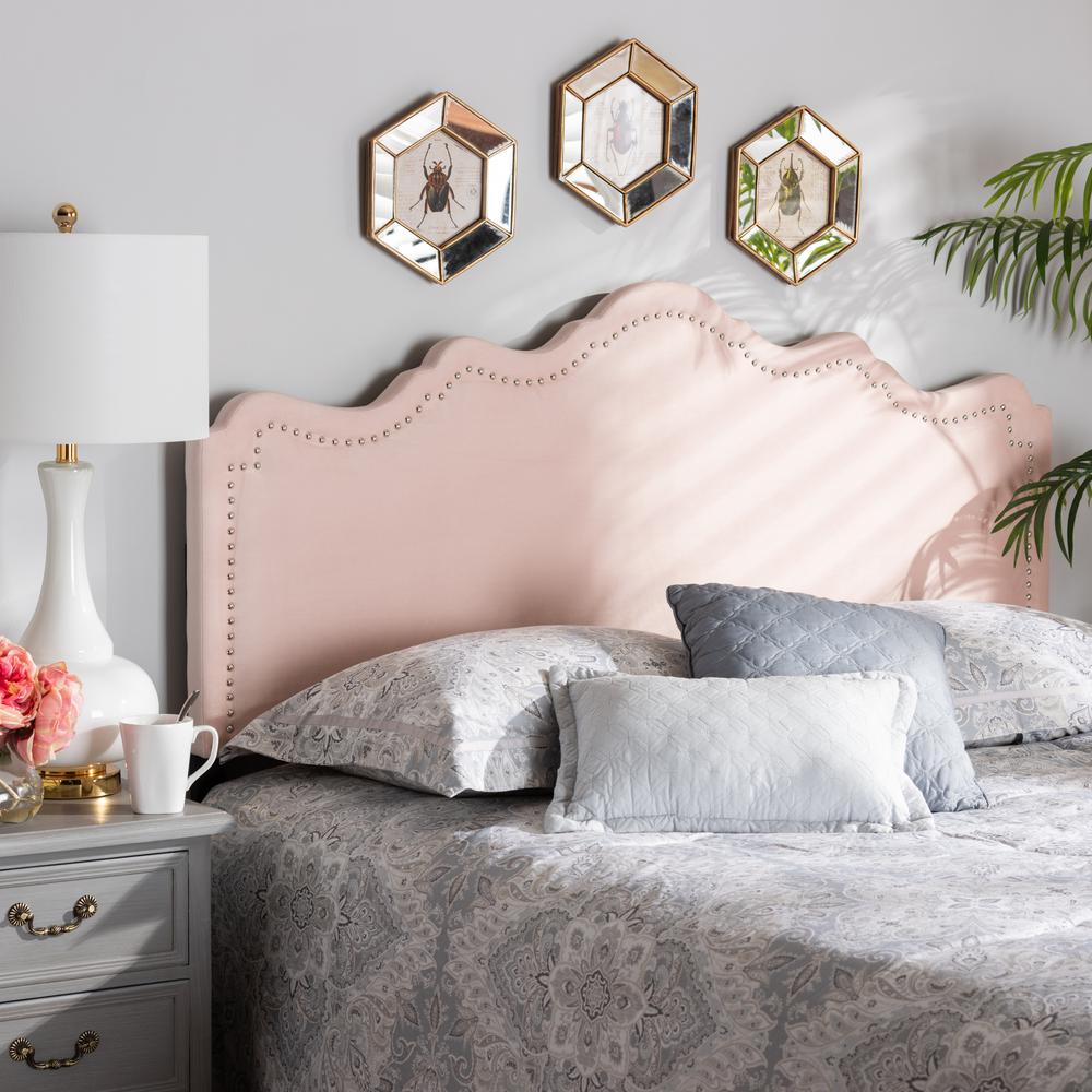 Light Pink Velvet Fabric Upholstered Queen Size Headboard. Picture 12