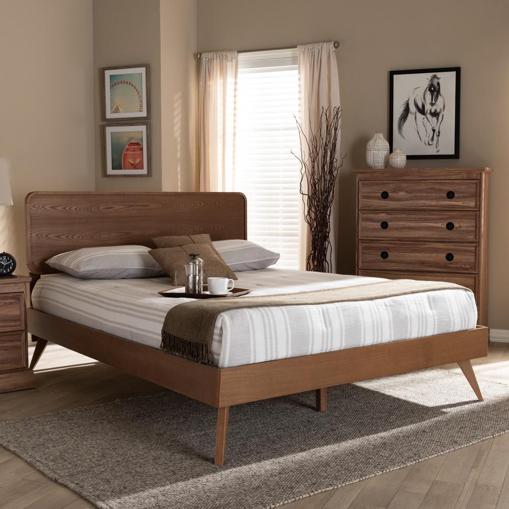 Demeter Mid-Century Modern Walnut Brown Finished Wood Queen Size Platform Bed. Picture 16
