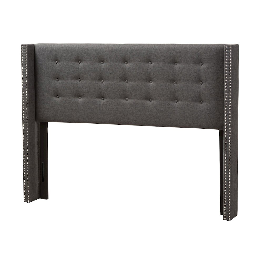 Dark Grey Fabric Button-Tufted Nail head King Size Winged Headboard. Picture 1