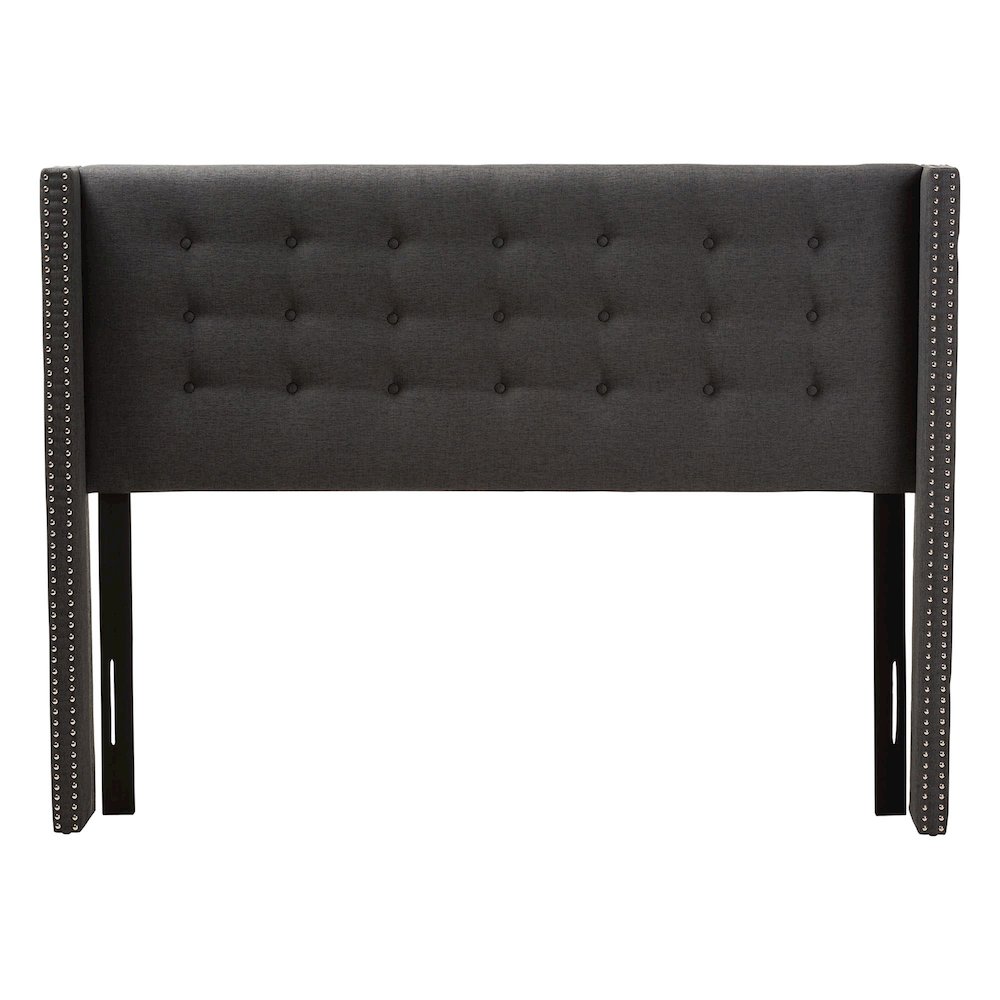 Dark Grey Fabric Button-Tufted Nail head King Size Winged Headboard. Picture 3