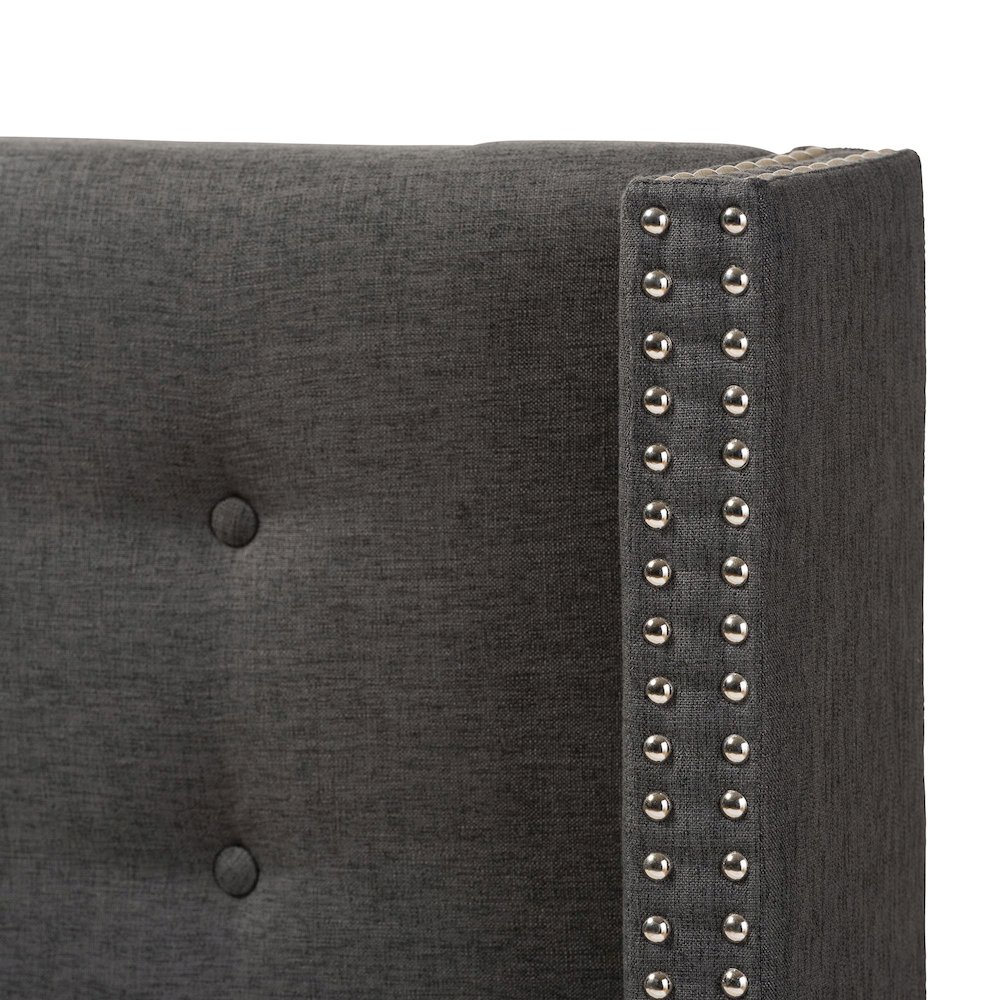 Dark Grey Fabric Button-Tufted Nail head King Size Winged Headboard. Picture 4