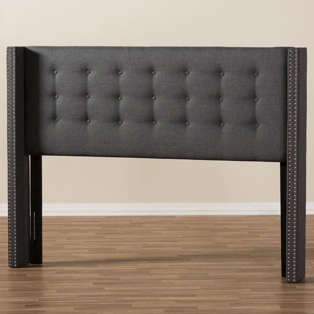 Dark Grey Fabric Button-Tufted Nail head King Size Winged Headboard. Picture 6