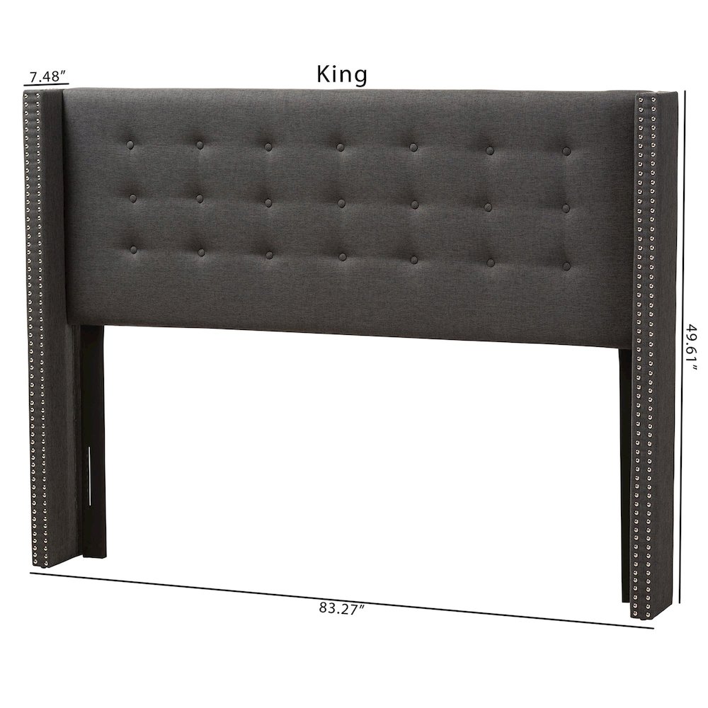 Dark Grey Fabric Button-Tufted Nail head King Size Winged Headboard. Picture 7