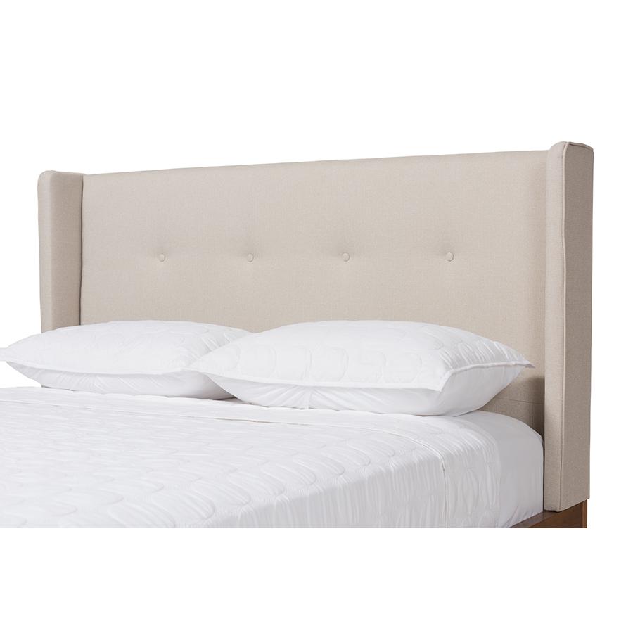 Brooklyn Mid-Century Modern Walnut Wood Beige Fabric Full Size Platform Bed. Picture 5