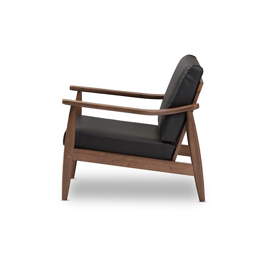Venza Mid-Century Modern Walnut Wood Black Faux Leather Lounge Chair. Picture 3