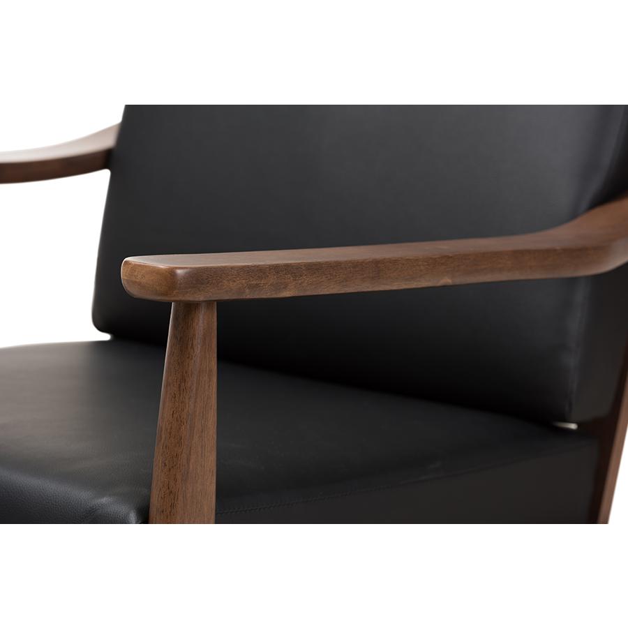 Venza Mid-Century Modern Walnut Wood Black Faux Leather Lounge Chair. Picture 5