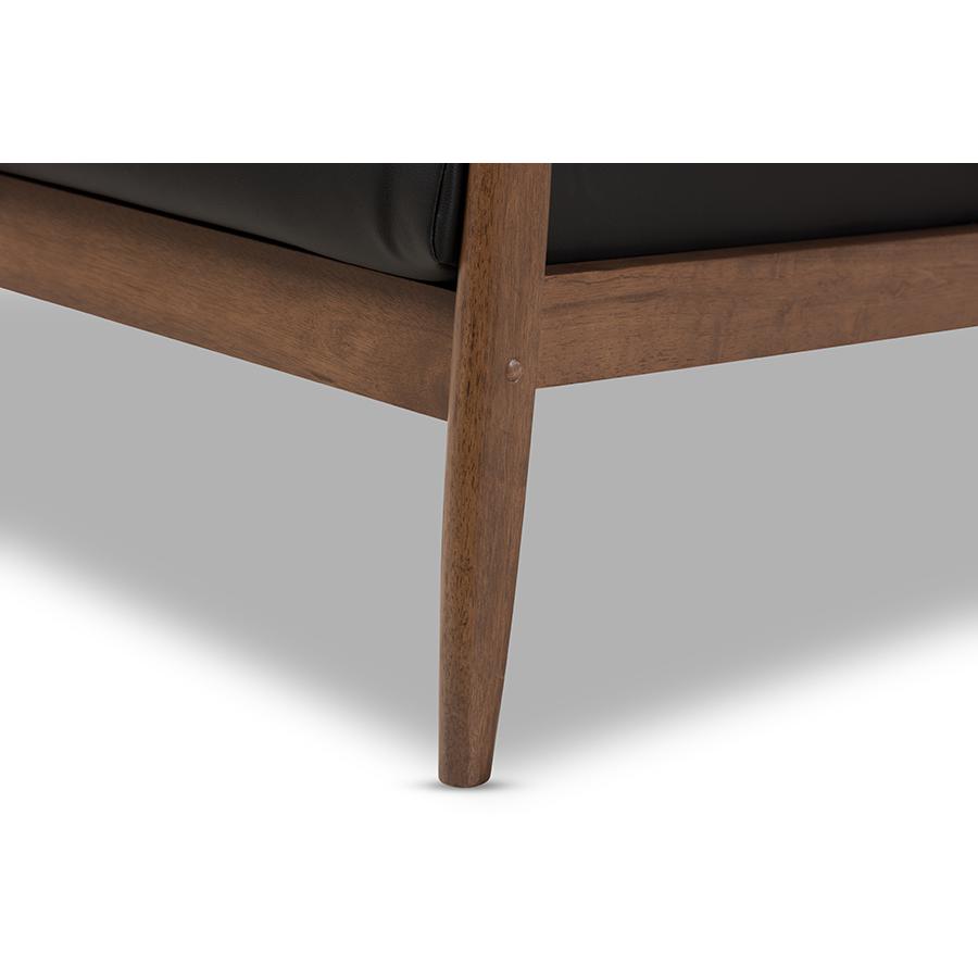 Venza Mid-Century Modern Walnut Wood Black Faux Leather Lounge Chair. Picture 6