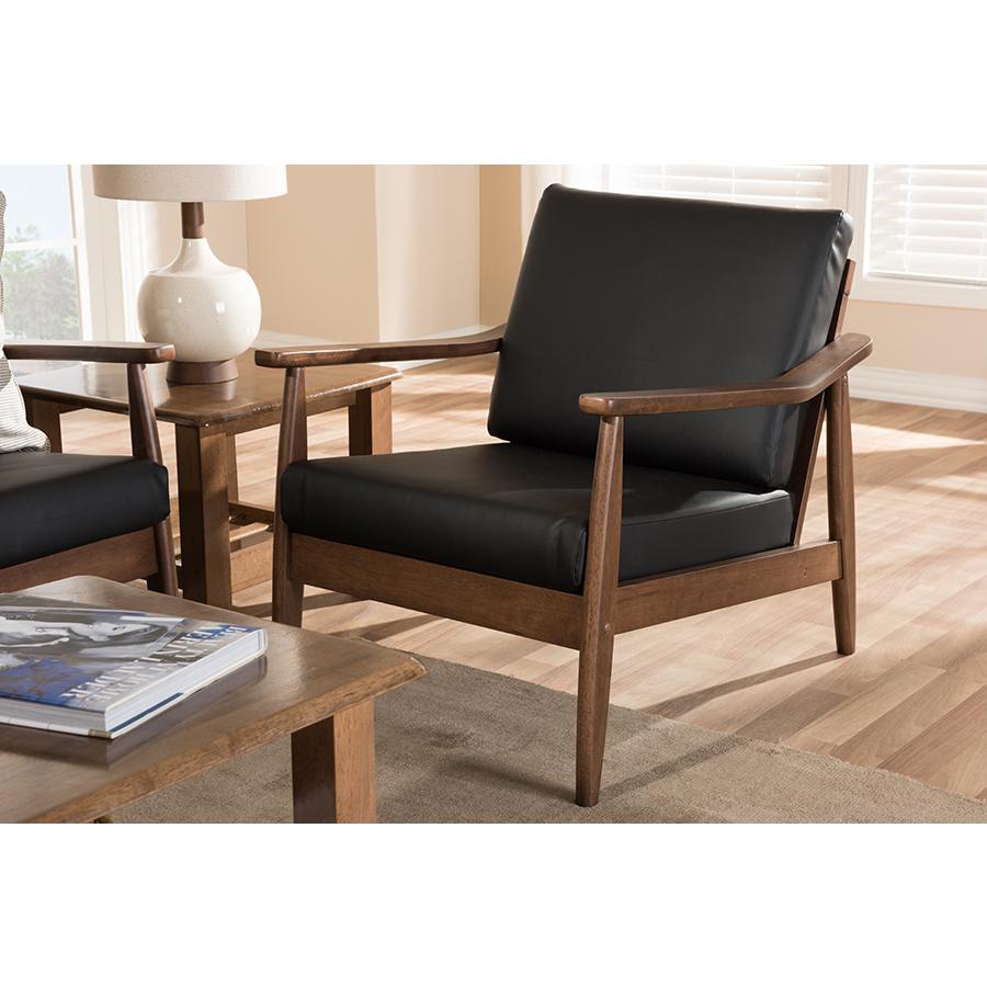 Venza Mid-Century Modern Walnut Wood Black Faux Leather Lounge Chair. Picture 7