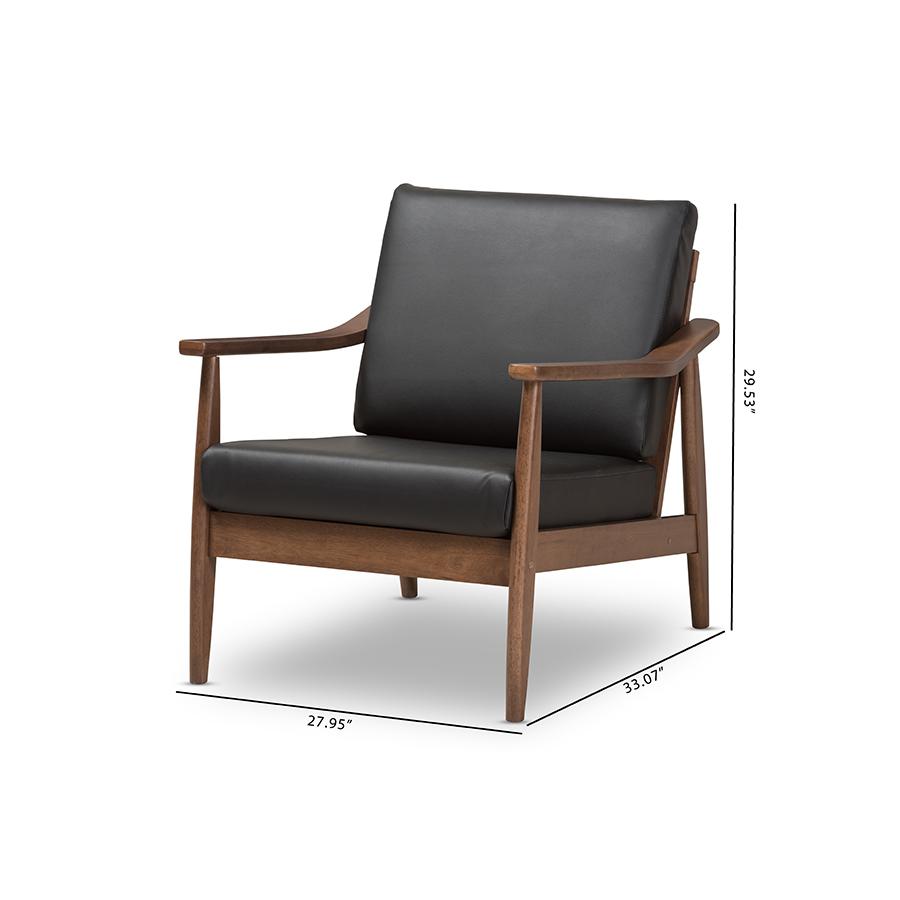 Venza Mid-Century Modern Walnut Wood Black Faux Leather Lounge Chair. Picture 9
