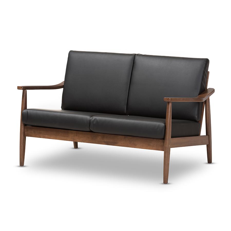 Venza Mid-Century Modern Walnut Wood Black Faux Leather 2-Seater Loveseat. Picture 1
