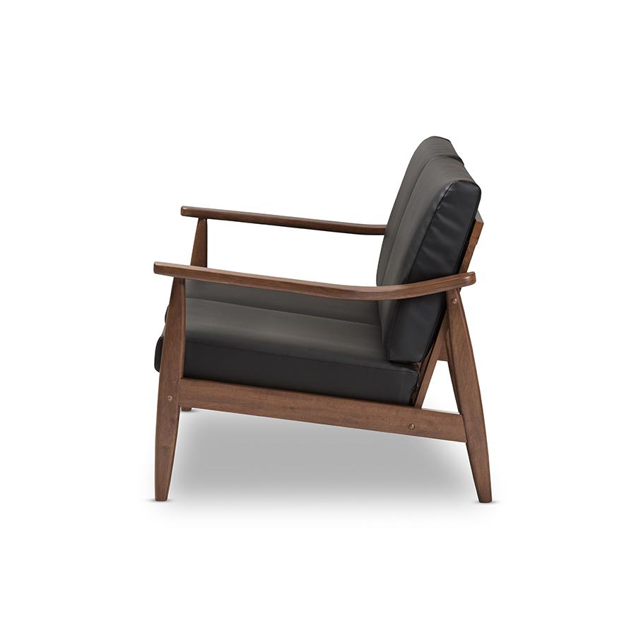 Venza Mid-Century Modern Walnut Wood Black Faux Leather 2-Seater Loveseat. Picture 3