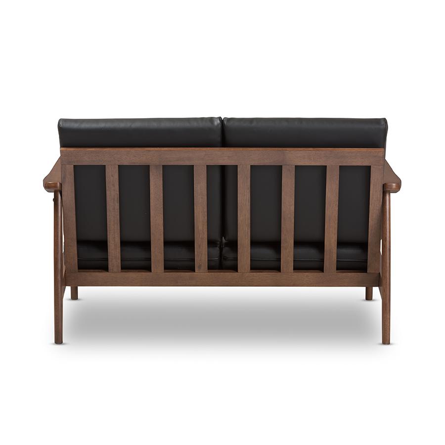 Venza Mid-Century Modern Walnut Wood Black Faux Leather 2-Seater Loveseat. Picture 4