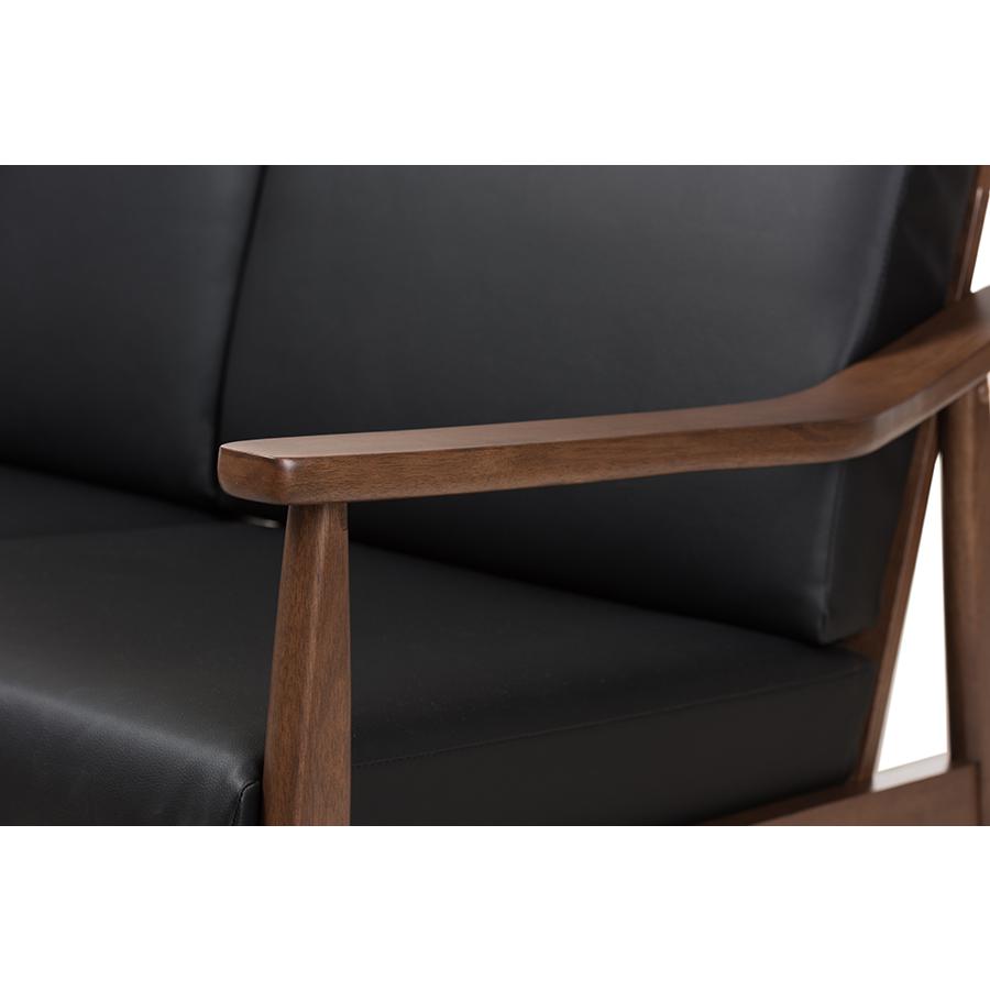 Venza Mid-Century Modern Walnut Wood Black Faux Leather 2-Seater Loveseat. Picture 5