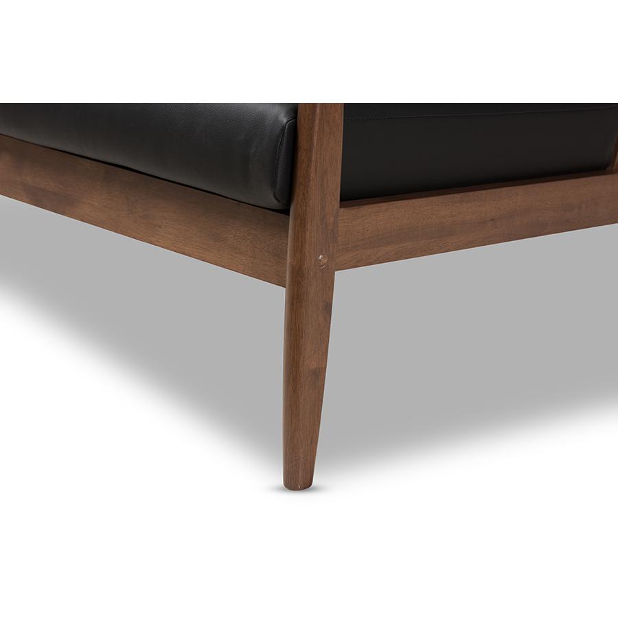 Venza Mid-Century Modern Walnut Wood Black Faux Leather 2-Seater Loveseat. Picture 6