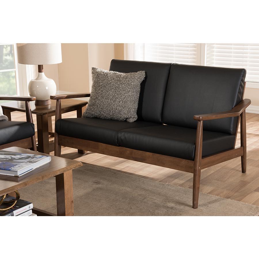 Venza Mid-Century Modern Walnut Wood Black Faux Leather 2-Seater Loveseat. Picture 7