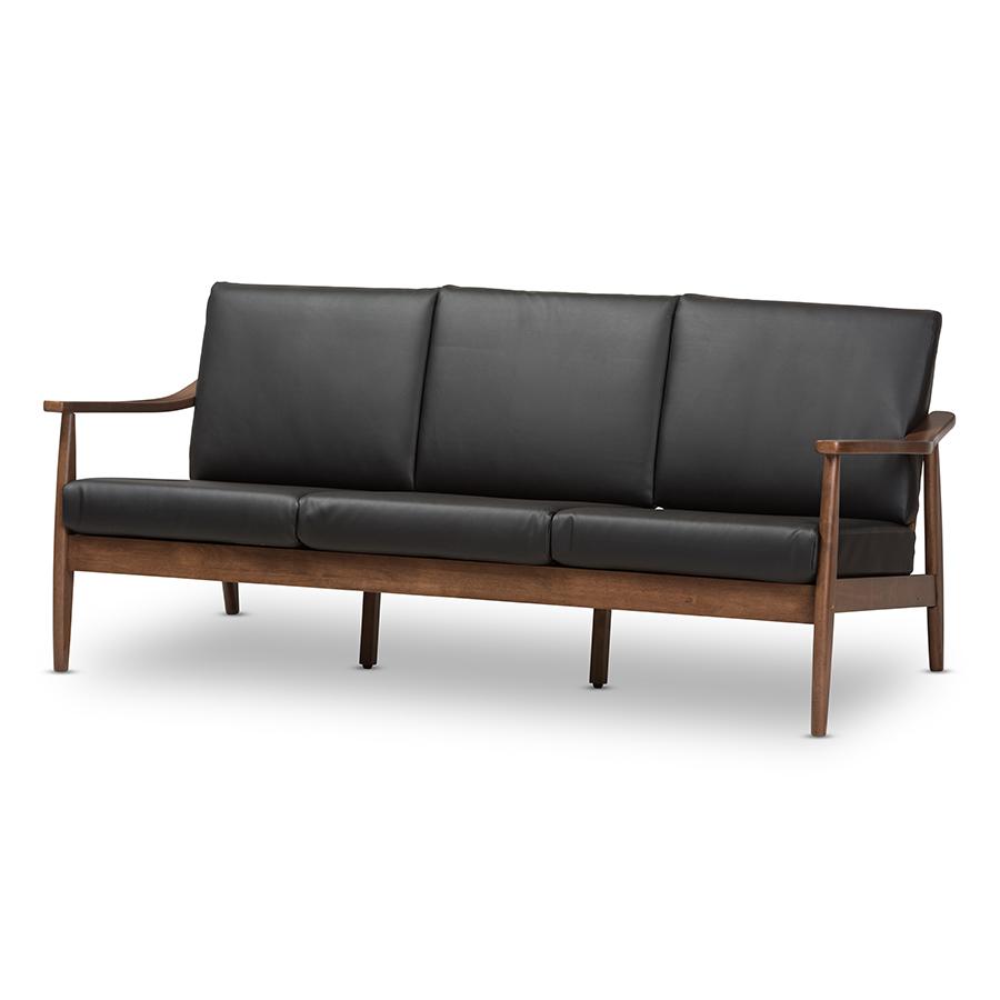 Venza Mid-Century Modern Walnut Wood Black Faux Leather 3-Seater Sofa. Picture 1