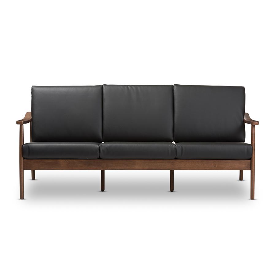 Venza Mid-Century Modern Walnut Wood Black Faux Leather 3-Seater Sofa. Picture 2