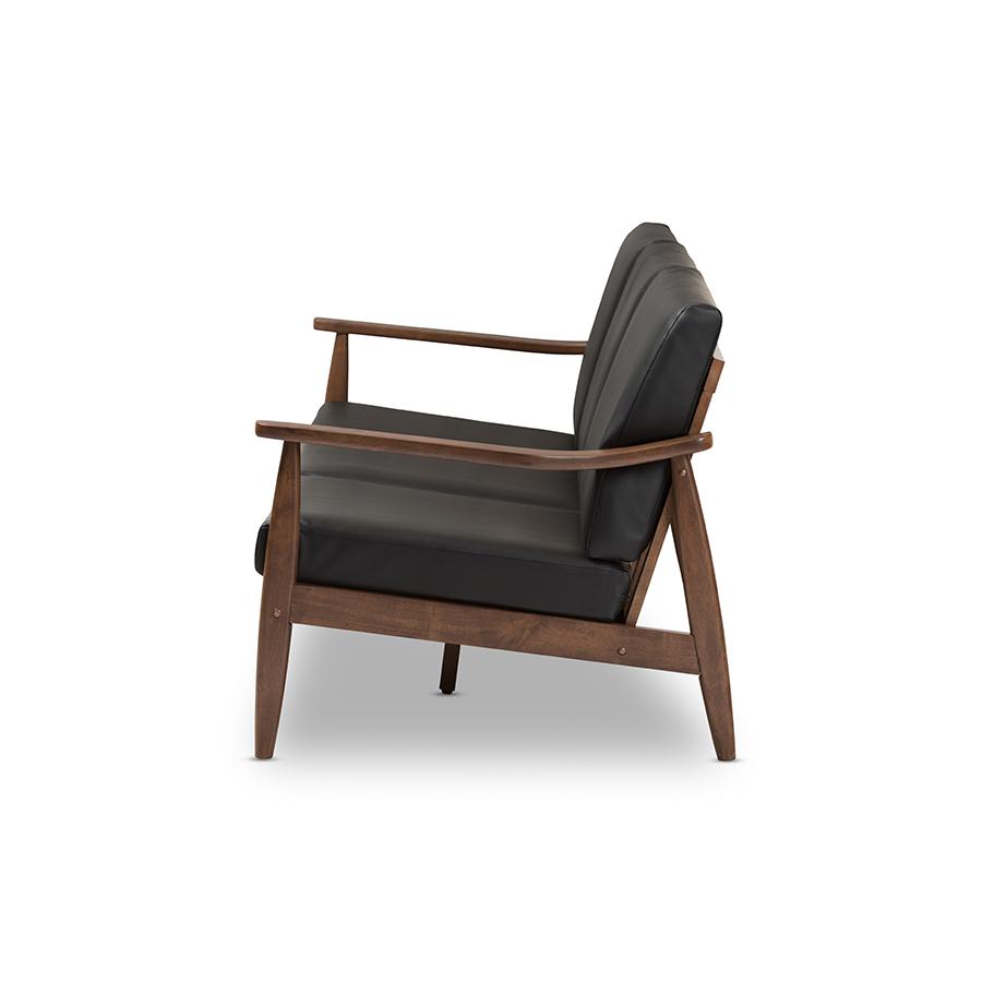 Venza Mid-Century Modern Walnut Wood Black Faux Leather 3-Seater Sofa. Picture 3