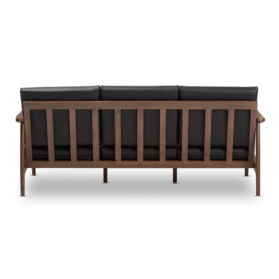 Venza Mid-Century Modern Walnut Wood Black Faux Leather 3-Seater Sofa. Picture 4
