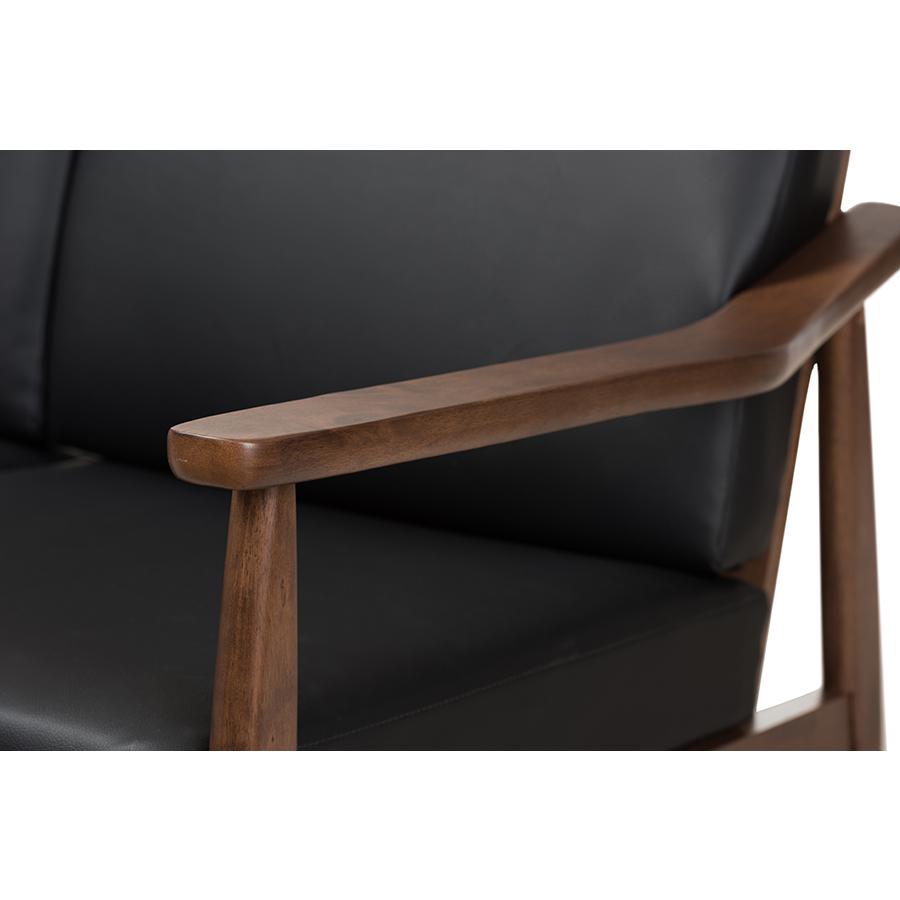 Venza Mid-Century Modern Walnut Wood Black Faux Leather 3-Seater Sofa. Picture 5
