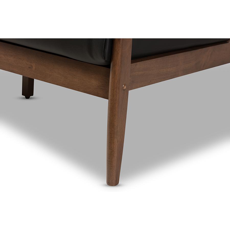 Venza Mid-Century Modern Walnut Wood Black Faux Leather 3-Seater Sofa. Picture 6