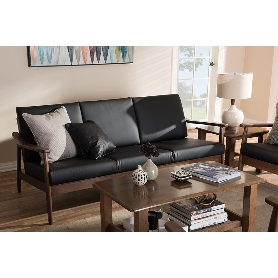 Venza Mid-Century Modern Walnut Wood Black Faux Leather 3-Seater Sofa. Picture 7