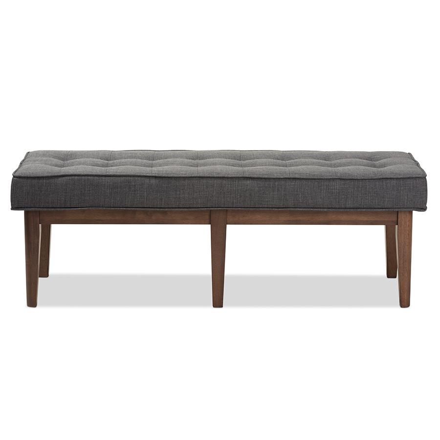 Lucca Mid-Century Modern Walnut Wood Dark Grey Fabric Button-Tufted Bench. Picture 2