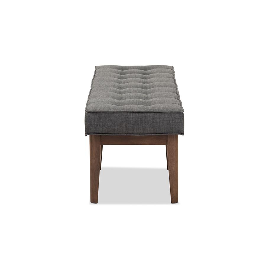 Lucca Mid-Century Modern Walnut Wood Dark Grey Fabric Button-Tufted Bench. Picture 3
