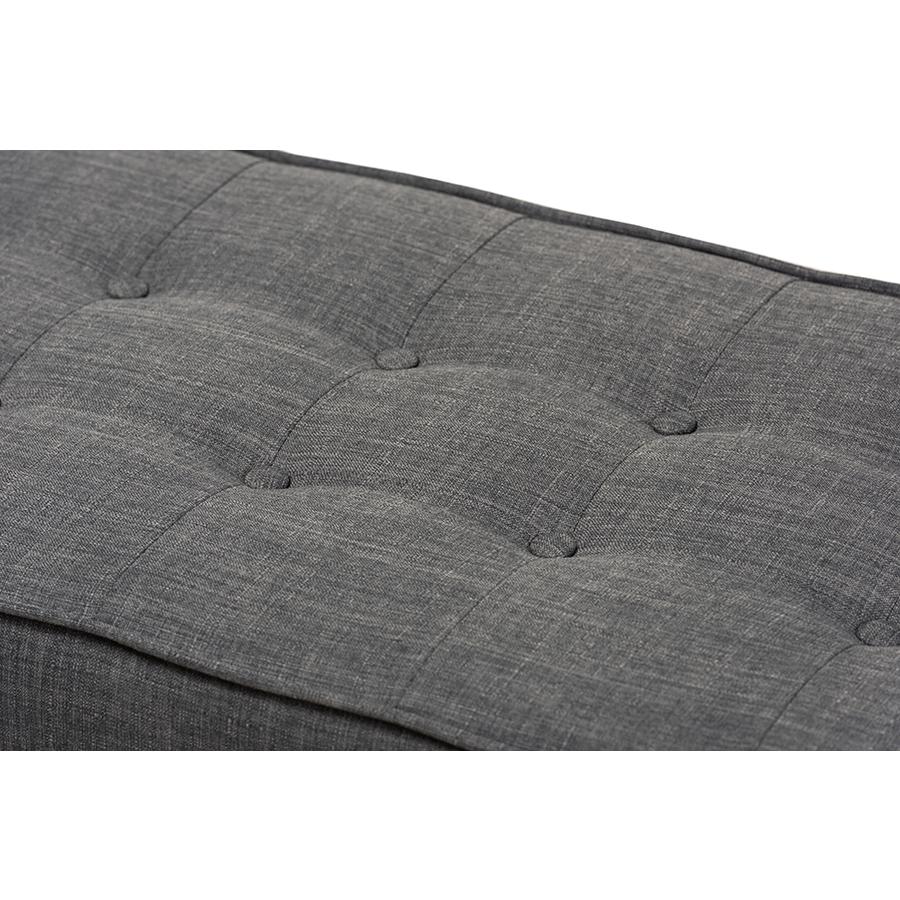 Lucca Mid-Century Modern Walnut Wood Dark Grey Fabric Button-Tufted Bench. Picture 4