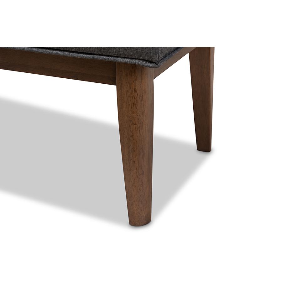 Lucca Mid-Century Modern Walnut Wood Dark Grey Fabric Button-Tufted Bench. Picture 5