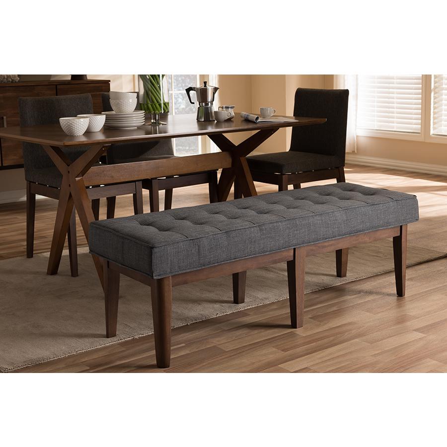 Lucca Mid-Century Modern Walnut Wood Dark Grey Fabric Button-Tufted Bench. Picture 6