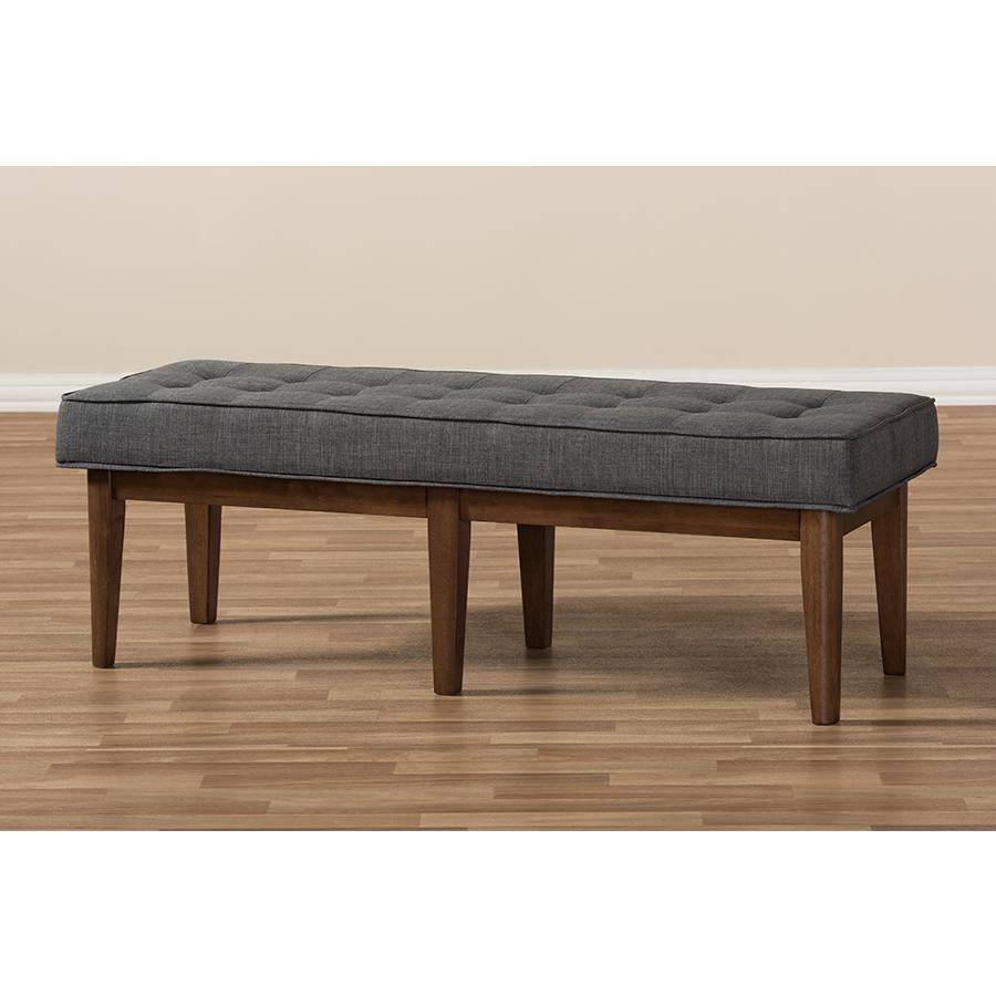 Lucca Mid-Century Modern Walnut Wood Dark Grey Fabric Button-Tufted Bench. Picture 7