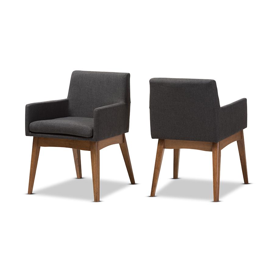 Nexus Mid-Century Modern Walnut Wood Finishing Dark Grey Fabric Dining Armchair. Picture 1