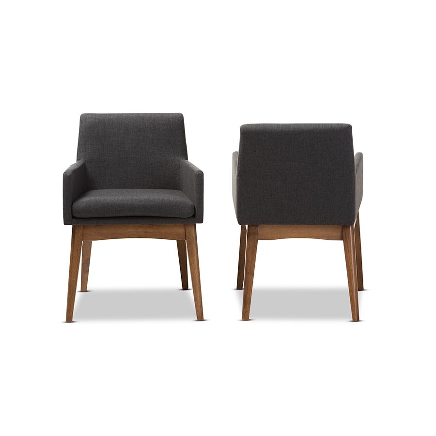 Nexus Mid-Century Modern Walnut Wood Finishing Dark Grey Fabric Dining Armchair. Picture 2