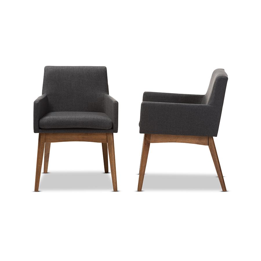 Nexus Mid-Century Modern Walnut Wood Finishing Dark Grey Fabric Dining Armchair. Picture 3