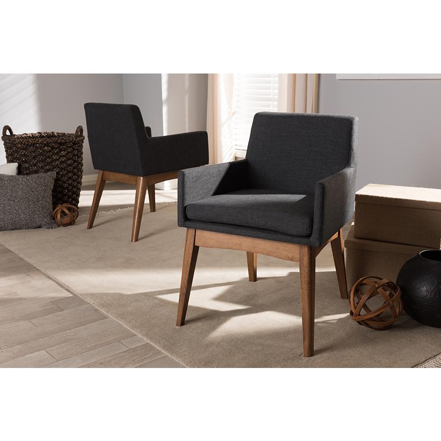 Nexus Mid-Century Modern Walnut Wood Finishing Dark Grey Fabric Dining Armchair. Picture 5