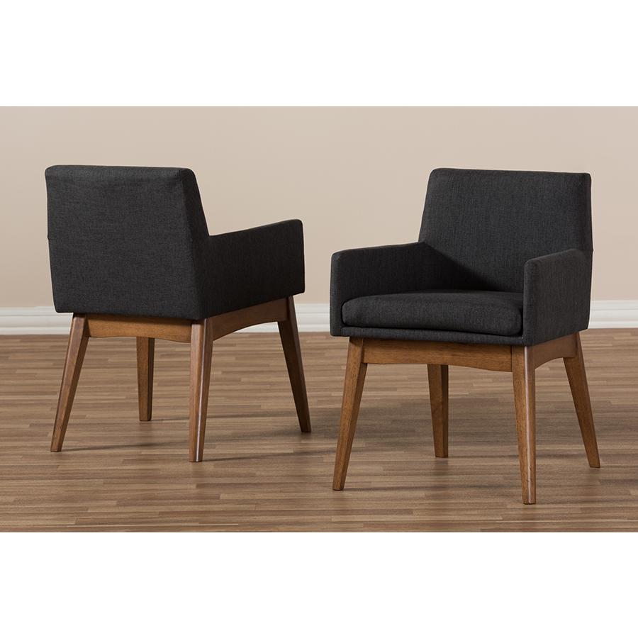 Nexus Mid-Century Modern Walnut Wood Finishing Dark Grey Fabric Dining Armchair. Picture 6