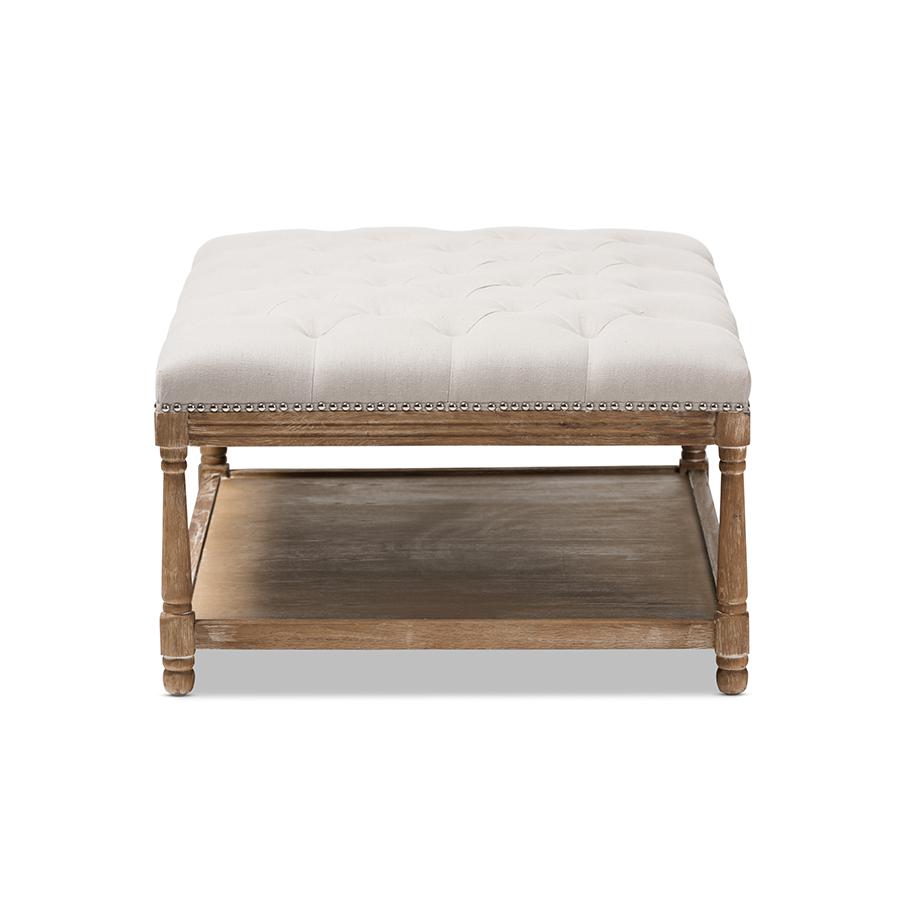 Country Weathered Oak Beige Linen Rectangular Coffee Table Ottoman. Picture 3