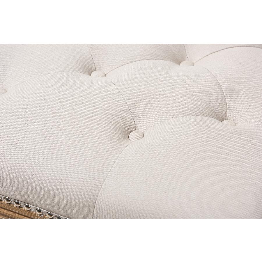 Country Weathered Oak Beige Linen Rectangular Coffee Table Ottoman. Picture 4
