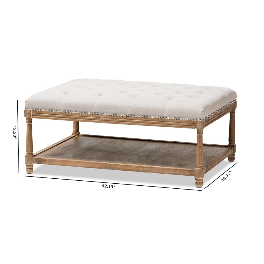 Country Weathered Oak Beige Linen Rectangular Coffee Table Ottoman. Picture 8