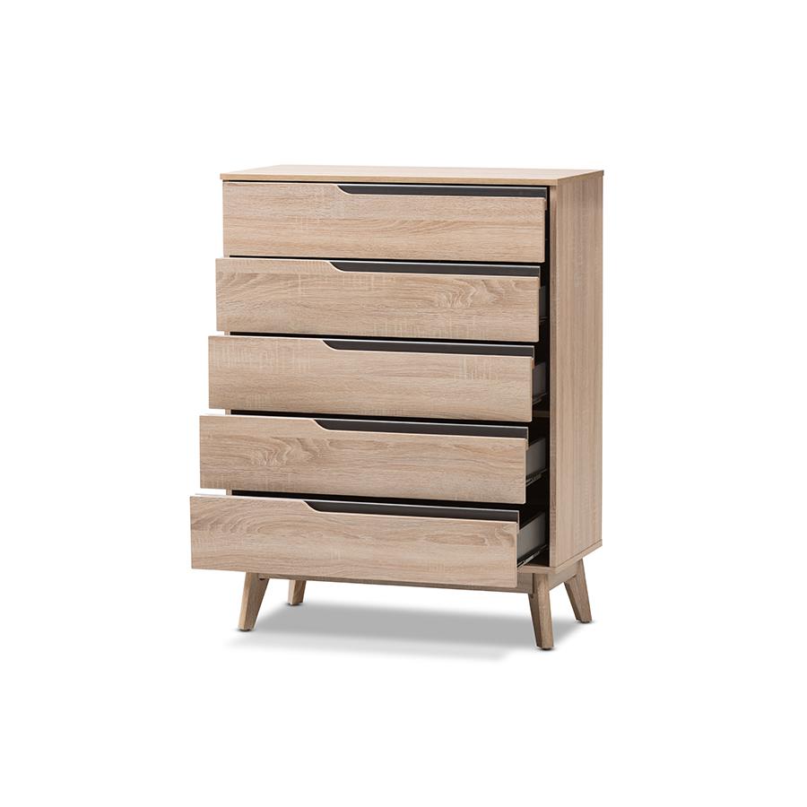 Fella Mid-Century Modern Two-Tone Oak and Grey Wood 5-Drawer Chest. Picture 2