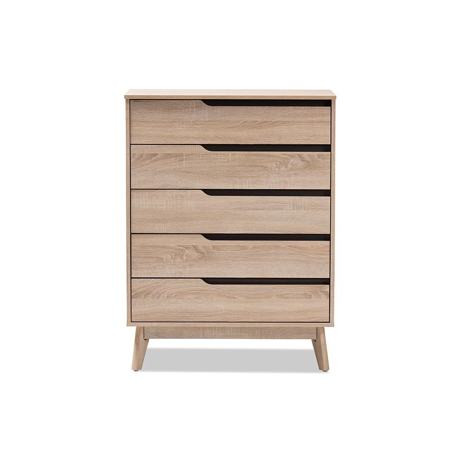 Fella Mid-Century Modern Two-Tone Oak and Grey Wood 5-Drawer Chest. Picture 3