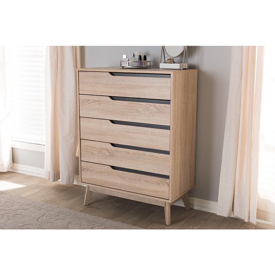Fella Mid-Century Modern Two-Tone Oak and Grey Wood 5-Drawer Chest. Picture 5