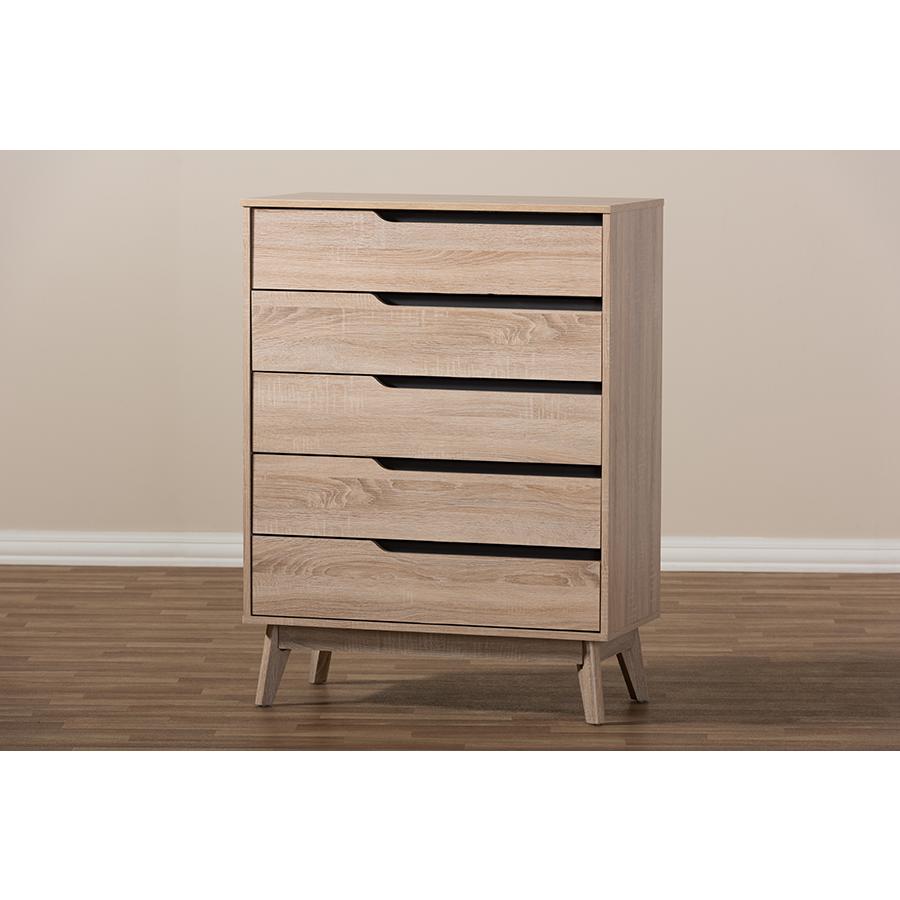 Fella Mid-Century Modern Two-Tone Oak and Grey Wood 5-Drawer Chest. Picture 6