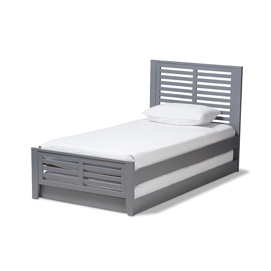 Classic Mission Style Grey-Finished Wood Twin Platform Bed with Trundle. Picture 1